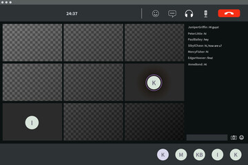 Screen template of video conference, modern software for virtual meetings, remote work or lections on transparent background