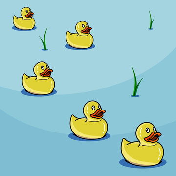 five cute light yellow rubber ducks in pond on blue background, vector illustration