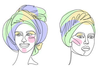 Collection. Silhouettes of the girl's head. Lady in a turban, scarf. Woman face in modern one line style. Solid line, contour for decor, posters, stickers, logo. Vector illustration set.