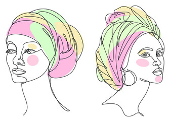 Collection. Silhouettes of the girl's head. Lady in a turban, scarf. Woman face in modern one line style. Solid line, contour for decor, posters, stickers, logo. Vector illustration set.