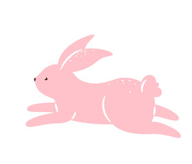 Bunny vector illustration. Pink textured rabbit isolated on white background. Cute print design characters in flat cartoon scandinavian style
