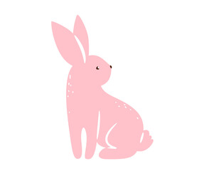 Bunny vector illustration. Pink textured rabbit isolated on white background. Cute print design characters in flat cartoon scandinavian style
