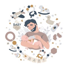 Happy father holding his little son. Baby care accessories and items. Vector illustration with cute characters. Newborn boho baby.
