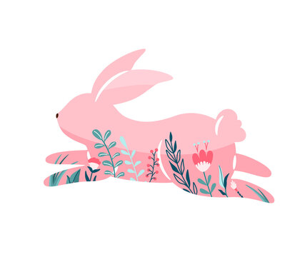 Easter bunny vector illustration. Pink rabbit with floral, flowers decoration inside hare shape isolated on white background. Cute print design character in flat cartoon scandinavian style