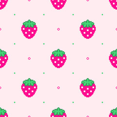 pixel art strawberries and dots seamless pattern. 8 bit design texture in retro style. Strawberry cute seamless Background. Modern trendy girlish fabric texture with seamless strawberry ornament.