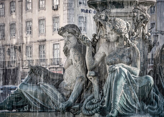 Fountain on Rossio Square. Rossio is the popular name of the Pedro IV Square in Lisbon city center.