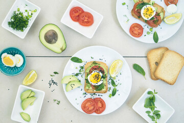 Avocado toasts on bread. Vegetarian food. Plant-based diet. Clean eating. Top view.