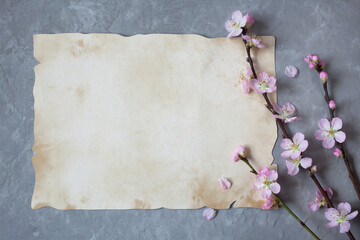 Pink blossoming branches of fruit, sakura on a gray background of old plaster old paper for text.