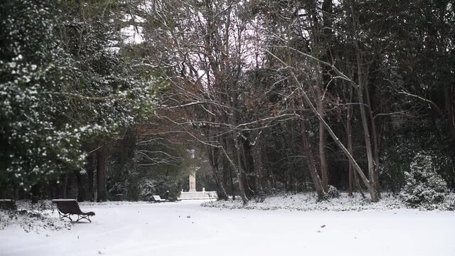 Copos de nieve cayendo en un parque vac&iacute;o sin gente. Un banco de madera cubierto de nieve.