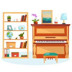 A modern room with a full-face piano and a shelf. Vector illustration in cartoon style. Llving room with furniture and interior items. A cozy place to practice music and teen's Room