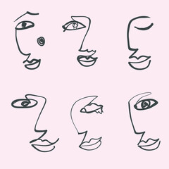 Set of continuous one line drawn faces. Abstract minimal woman portrait. Woman face continuous line drawing. One line face portrait. Cubism face. Trendy style face  illustration.