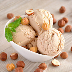 Hazelnut ice cream in a bowl