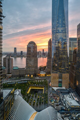 view of the Freedom Tower and Oculus- transportation hub in Lower Manhattan at evening/night