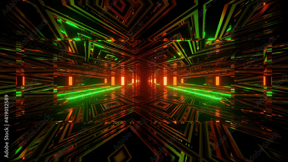 Wall mural 3d rendering futuristic sci-fi background with neon lights and reflective tunnel motion patterns