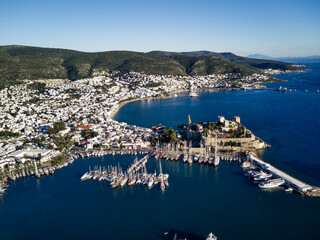 Amazing panoramic view from drone of Bodrum harbour and ancient Kalesi castle in Turkey