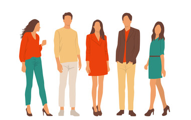 Fototapeta premium Set of young men and women, different colors, cartoon character, group of silhouettes of standing business people, students, the design concept of flat icon, isolated on white background