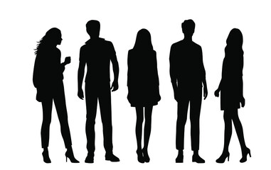 Vector silhouettes of  men and a women, a group of standing  business people, black  color isolated on white background