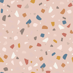 Modern terrazzo seamless pattern. Decorative granite stone texture. Hand drawn repeating tile design in pastel colours for branding, textile, scrapbooking, wallpapers.Vector illustration background.