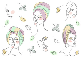 Silhouettes of the girl's head. Lady in a turban, scarf. Woman face in modern one line style. Solid line, aesthetic outline for decor, posters, stickers, logo. Vector illustration set.