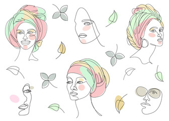 Silhouettes of the girl's head. Lady in a turban, scarf. Woman face in modern one line style. Solid line, aesthetic outline for decor, posters, stickers, logo. Vector illustration set.