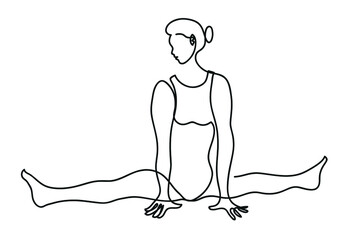 One line drawing of ballerina in a bodysuit sits in a cross twine.
One continuous line drawing of sitting ballerina.