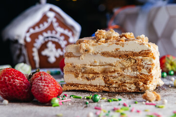 Fresh meringue cake with nuts on candy table