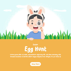Banner Happy asian boy wearing rabbit ears searching easter egg with magnifying glass on grass and sky background and nature, Easter egg, illustration vector, kids concept