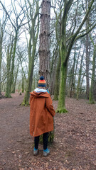 One person from rear view standing in front of a tree in the autumn forest