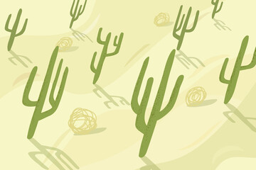 Vector illustration. Doodle hand drawn cartoon style. Flat concept. Cactus landscape background. Design elements for print, website or fame template. Green and yellow colors. Rolling tumbleweeds