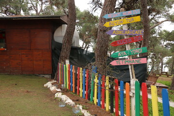selective focus. Colorful wooden garden fence, background
