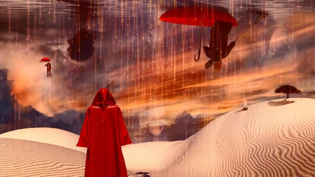 Figure in a red cloak stands in the desert. Man floats in red umbrella. Green tree on a sand dune. Figure of monk in a distance. Clouds reflected in the ocean.