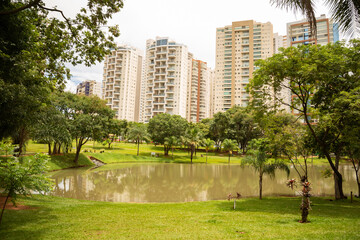 Lago no Parque Flamboyant, com prédios e céu com nuvens ao fundo em dias de lockdown.