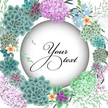 Beautiful floral frame with different flowers and succulents. Floral card. Hello summer. Vector illustration