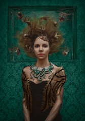 Portrait of a woman posing in front of a baroque wallpaper, wearing a fish fin shawl and a necklace of tentacles, her head and hair floating in a water tank filled with octopuses