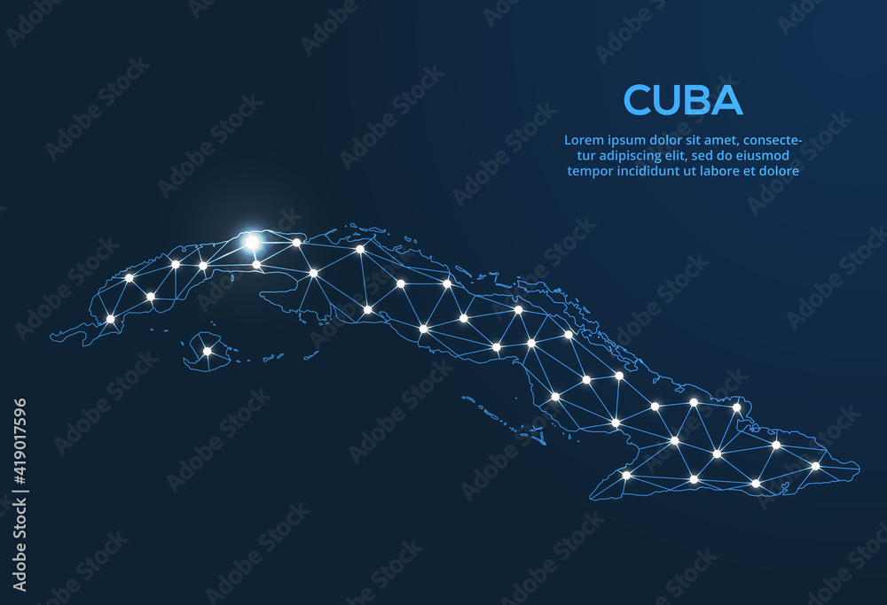 Poster Cuba communication network map. Vector low poly image of a global map with lights in the form of cities. Map in the form of a constellation, mute and stars