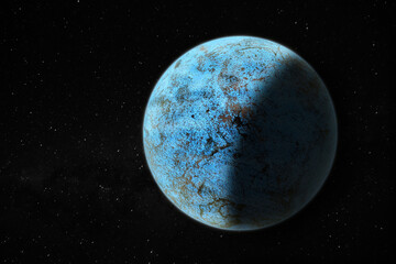 Rendu 3D d'une planète bleue imaginaire dans l'espace intersidéral