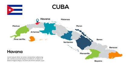 Naklejka premium Cuba map. Image of a global map in the form of regions of Cuba regions. Country flag. Infographic timeline. Easy to edit