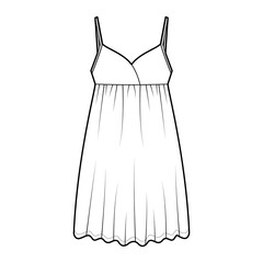 Babydoll dress Sleepwear Pajama technical fashion illustration with mini length, oversized, adjustable shoulder straps, trapeze silhouette. Flat front, white color style. Women, men unisex CAD mockup