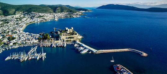 Amazing panoramic view from drone of Bodrum harbour and ancient Kalesi castle