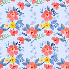 Red flowers on a light blue color seamless pattern for fabric textile background and backdrop.