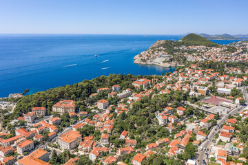 Fototapeta na wymiar Aerial drone shot of Dubronik west new town near Lapad Peninsula in Croatia summer noon
