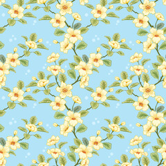 Yellow flowers and green leaves on a light blue color seamless pattern for fabric textile background and backdrop.