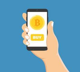 Buy bitcoin illustration. Bitcoin icon on a phone. Crypto currency exchange concept. Vector illustration