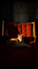 moody light falling on a lounging orange cat laying on a dark orange chair