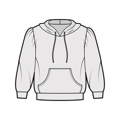 Hoody sweatshirt technical fashion illustration with elbow sleeves, relax body, kangaroo pouch, banded hem, drawstring. Flat apparel template front, grey color. Women, men, unisex CAD mockup
