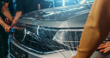 Paint Protection Film or PPF polymer protection coating layer, installing and wrapping on car hood...