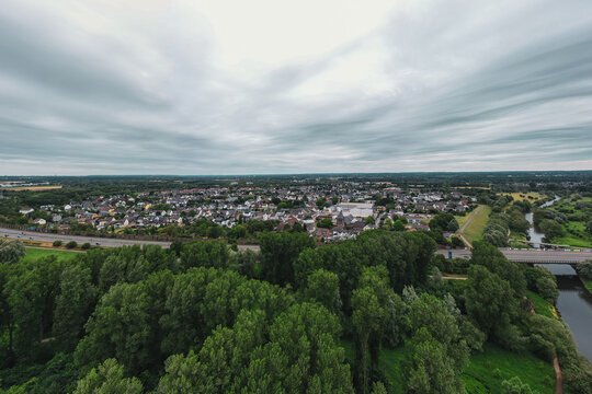 Panoramic view of Leverkusen Rheindorf am Rhein, Germany. Drone photography.