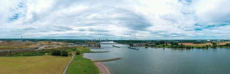 Panoramic view of Leverkusen, Cologne and the ailing autobahn bridge on the Rhine, Germany. Drone photography.