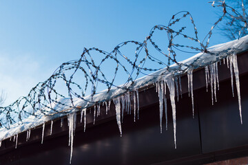Fence prison winter icicles barbed wire