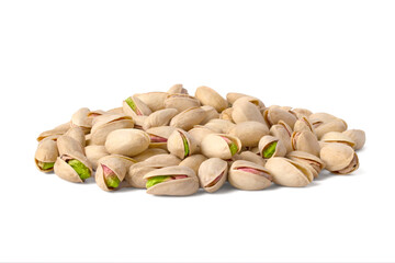 Pile of pistachios in the peel close-up on a white background. Isolated.
